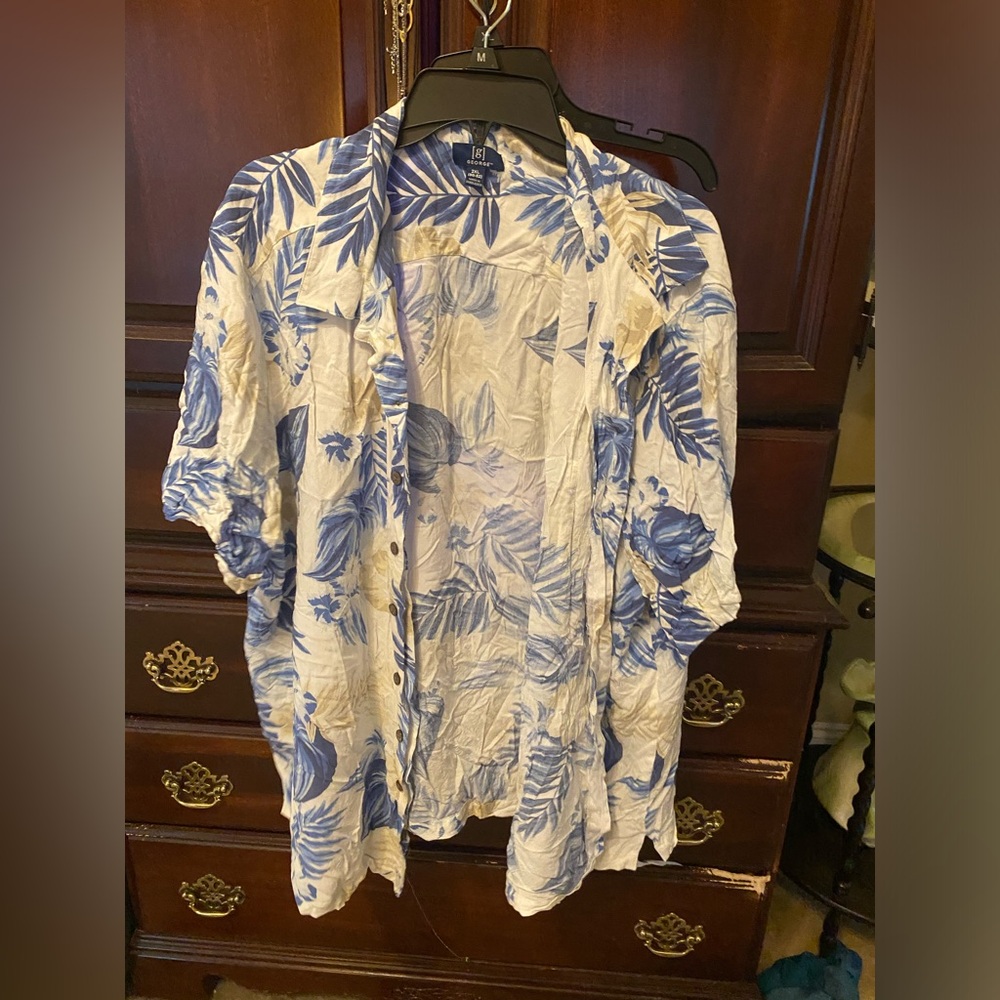 George Blue and White Tropical Print Shirt